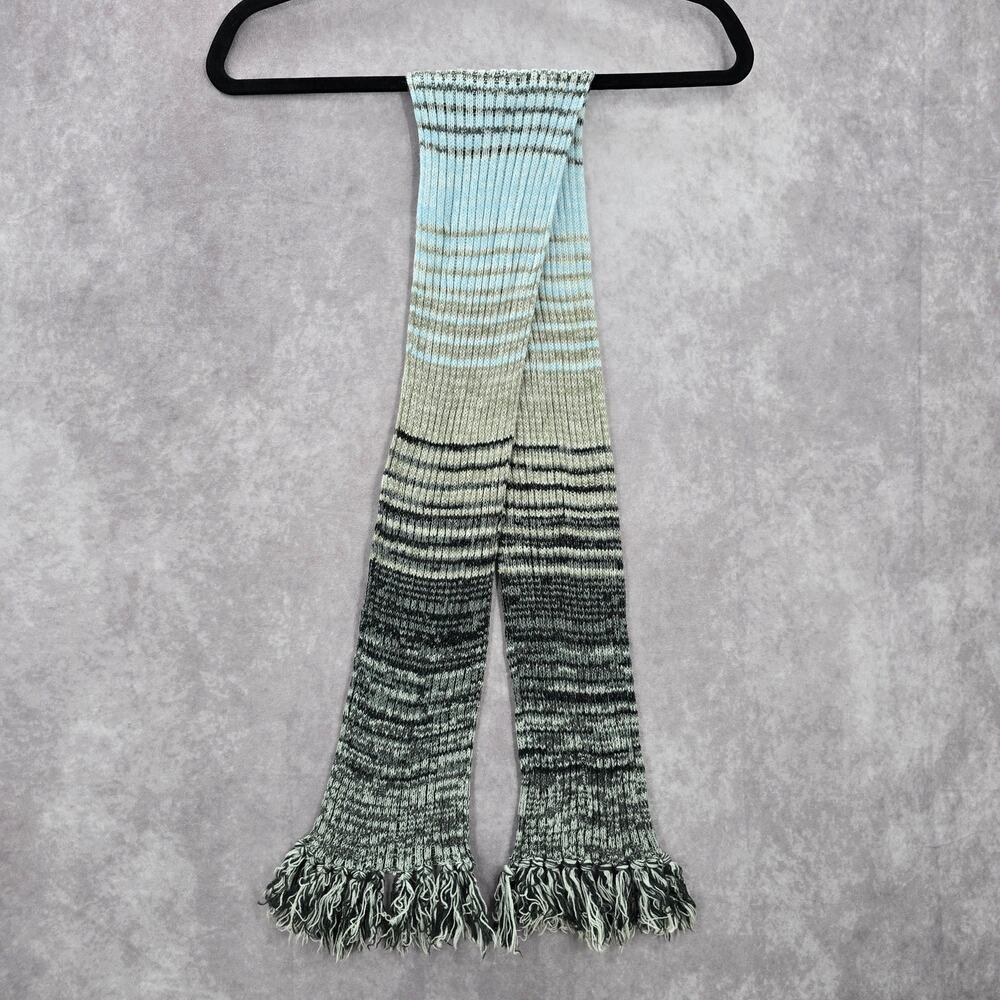 Gray Green Blue‎ Fringe Stripe Tassels Y2K VTG Wrap Shawl Cable Knit Scarf